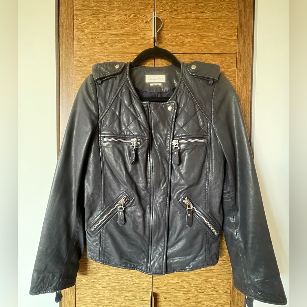 Isabel Marant Etoile Navy leather moto jacket with quilted panels